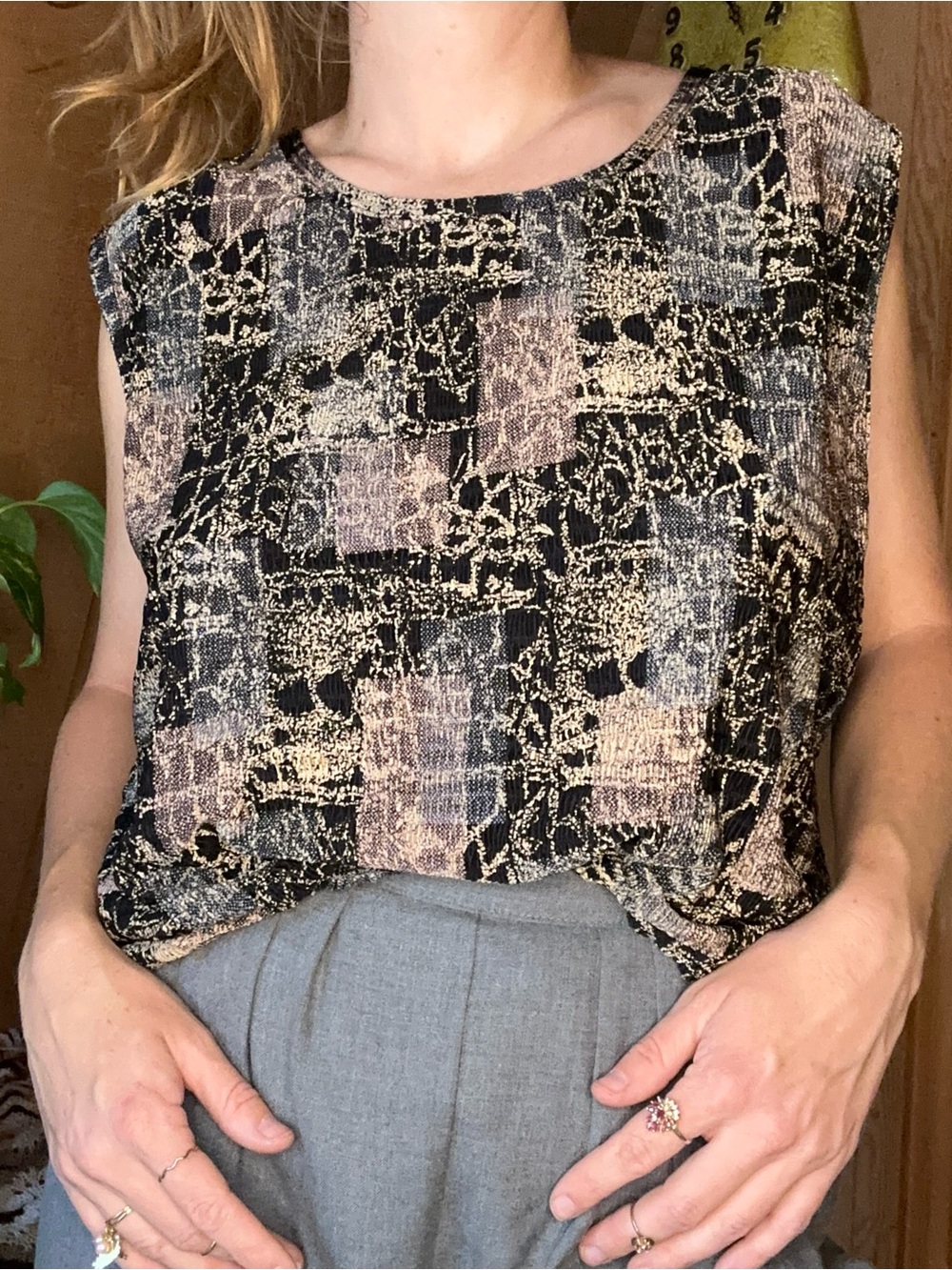 Vintage 80s/90s Plissé Abstract Print Sleeveless Tunic Top | 1X